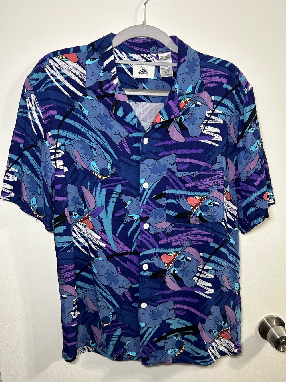Disney Stitch Woven Camp Blue Hawaiian Shirt Short Sleeve